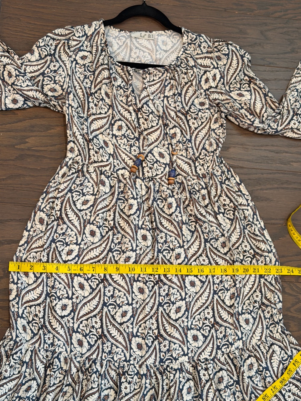 IKOLL Boho Paisley Floral Midi Dress Blue Ivory Long Sleeve Tie Neck Size Medium - Picture 8 of 11
